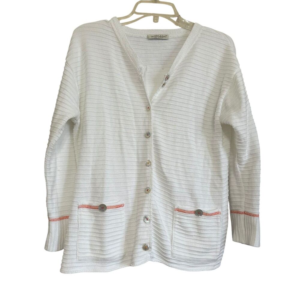 Margaret‎ Winters Womens Cardigan Sweater M White Cotton Long Sleeve Pocket Back